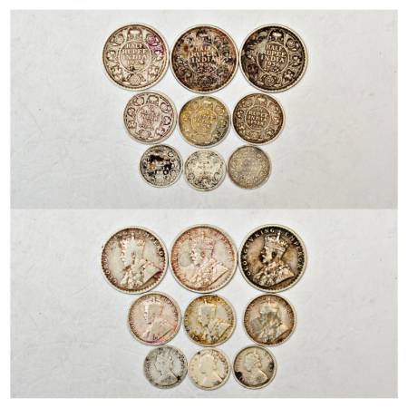 A group of 9 British India Silver Coins, includes 3x ½ Rupee, 3x ¼ Rupee and 3x 2 Annas, v