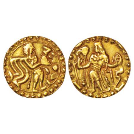 Post-Gupta Bengal, Samatata region, anonymous gold Dinar copying Gupta coin designs (550-6