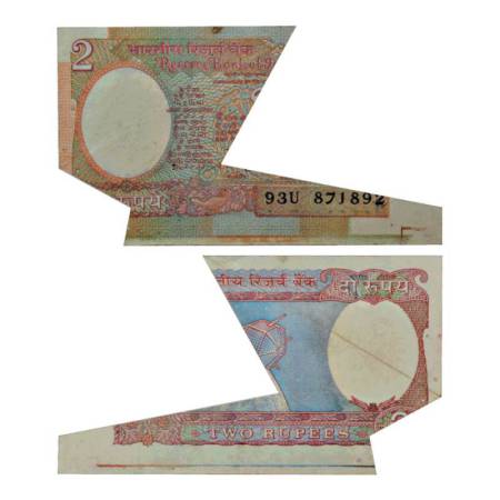Republic of India, 2 rupees, misprint, serial no.: 93U 871892 irregular cutting. Very fine