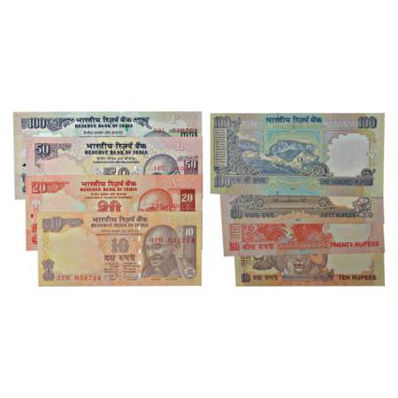 A group of 4 misprint notes, 10 rupees, 20 rupees, 50 rupees and 100 rupees, signed by Y. 