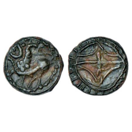 Eastern Chalukyas of Vengi, uninscribed arsenous copper coin modelled on the Vishnukundin 