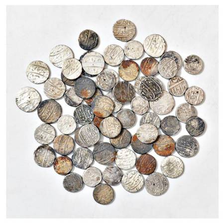 A group of 65 Mughal silver rupees, includes Shah Jahan, Aurangzeb, Farrukhsiyar, Muhammad