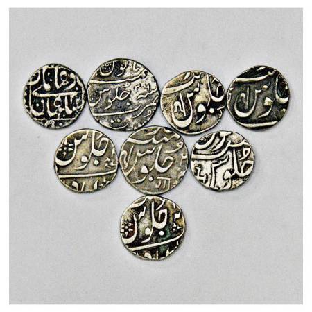 A group of 8 silver ½ rupee of Mughal and State, various types. (8 coins)