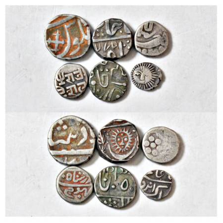 A group of 6 Princely state silver fractions, includes Baroda, Bharuch, Indore, Pratapgadh