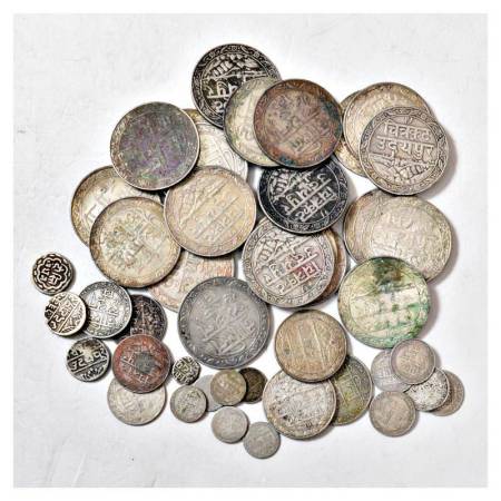 A group of 43 Mewar-Udaipur silver coins, includes 21x 1 rupee, 3x ½ rupee, 7x ¼ rupee and