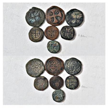 A group of 7 Portuguese-India copper coins, various rulers, denominations, dated and types