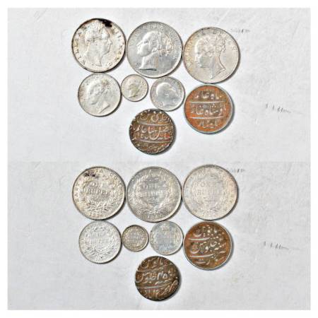 A group of 8 silver coins, 2x Presidency and 6x British India, various denominations, date