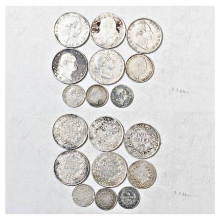 A group of 9 silver coins, William IV, includes 5x rupee, 1x ½ rupee and 3x ¼ rupee, 1835,