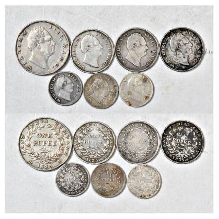 A group of 7 silver coins, William IV, 1x rupee, 3x ½ rupee and 3x ¼ rupee, 1835, various 