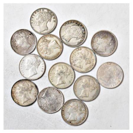 A group of 13 silver rupees, Victoria Queen, 2x continuous legend, 11x divided legend, 184