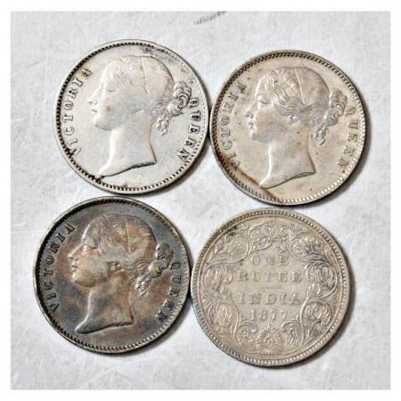 A group of 4 Victoria silver rupees, 3x 1840 (divided legend) and 1x 1877. (4 coins)