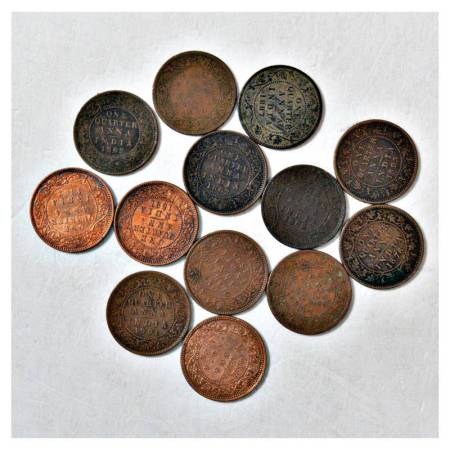British India, Victoria Queen/Empress, copper ¼ anna (13), includes dates 1862, 1876, 1882
