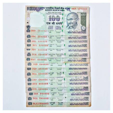 Republic of India, 100 rupees, fancy number notes (16), includes fancy nos.: 1x 111111; 3x
