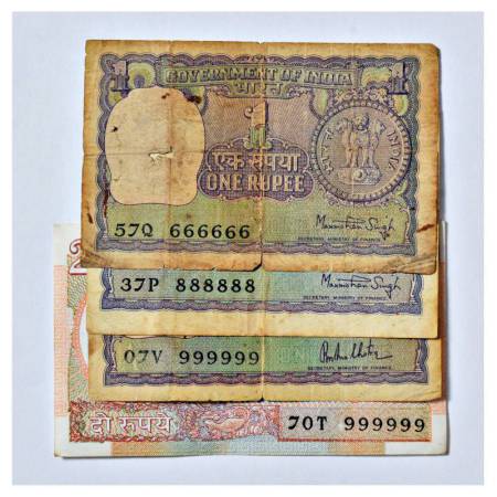 Republic of India, fancy number note (4), includes 3x 1 rupee, serial nos.: 666666; 888888