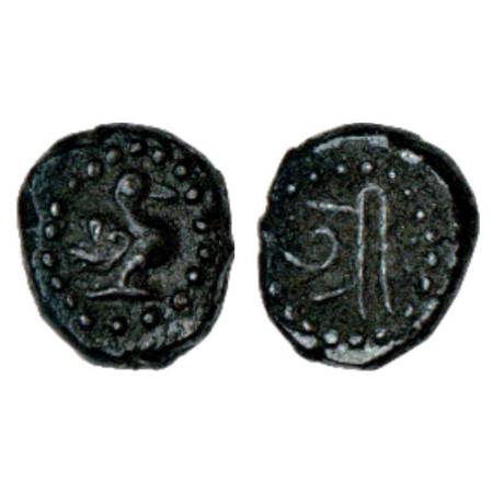 Chudasama Dynasty of Saurashtra, anonymous, copper coin (1200-1300 AD), 1.95g. Obv: Swan f