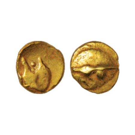 Sultans of Bijapur, Anonymous issue, gold ½ pagoda, 1.66g. A boat like uncertain symbol on