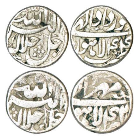 Akbar (1556-1605 AD), silver rupee (2), Lahore mint, Khurdad 44 and Mihr 42, KM 93.11. (2 