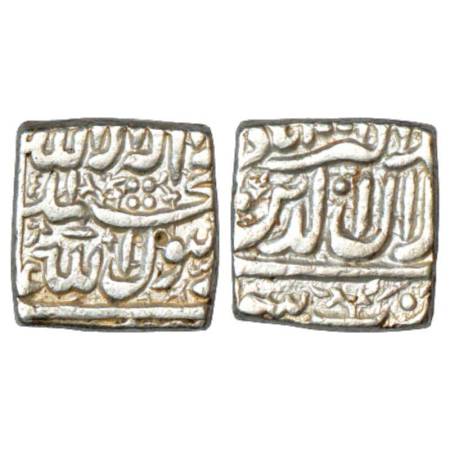 Akbar (1556-1605 AD), silver square rupee, Patna mint, AH 1001, KM 82.6. Very fine+, Rare.
