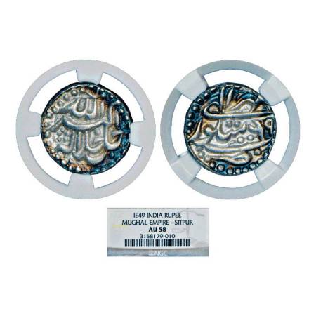 Akbar (1556-1605 AD), silver rupee, Sitpur mint, Mihr 49 (4 retrograde), KM 93.18. Graded 