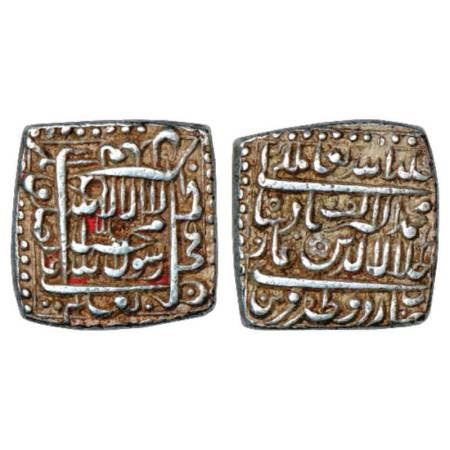 Akbar (1556-1605 AD), silver square rupee, Urdu Zafar Qarin mint, dated AH Alf (1000), KM 
