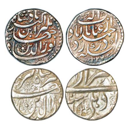 Jahangir (1605-1627 AD), silver rupee (2), Ahmadabad mint, 'Inayat' couplet, AH 1027/RY 13