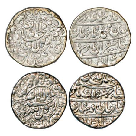 Shah Jahan (1628-1658 AD), silver rupee (2), Akbarabad mint, 'Sahib Qiran' couplet, AH 104