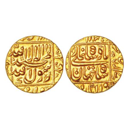 Shah Jahan (1628-1658 AD), gold mohur, 10.98g. Daulatabad mint at bottom, RY 28, KM 260.21