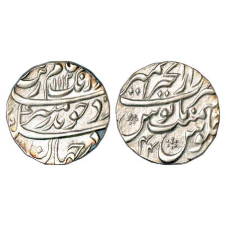 Aurangzeb (1658-1707 AD), silver rupee, Dar ul-khair Ajmer mint, AH 1112/RY 44, KM 300.5. 