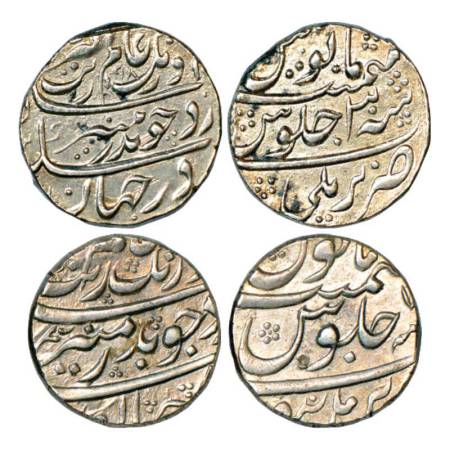 Aurangzeb (1658-1707 AD), silver rupee (2), Bareli mint, AH 1098/RY 30 and Burhanpur mint.