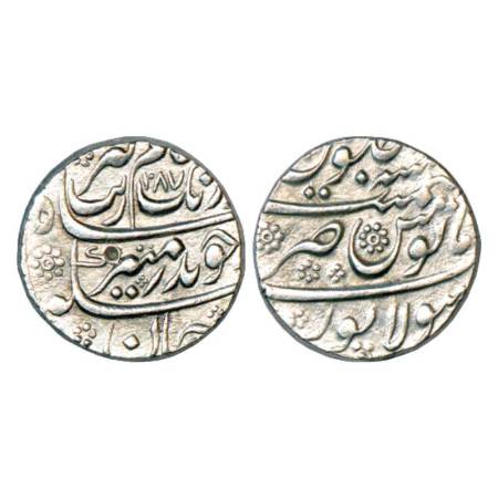 Aurangzeb (1658-1707 AD), silver rupee, Sholapur mint at bottom, AH 1087, KM 300.82. Very 