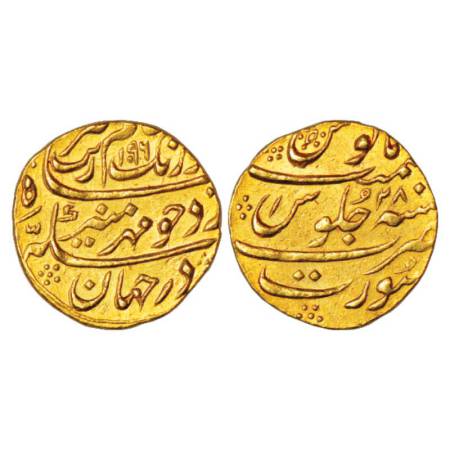 Aurangzeb (1658-1707 AD), gold mohur, 11.05g. Surat mint, AH 1096/RY 28, KM 315.45. Extrem