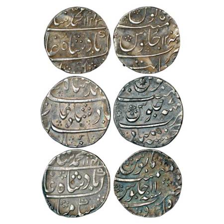 Muhammad Shah (1719-1748 AD), silver rupee (3), 1xKhambayat mint, AH 1143/RY 12, 1x Khujis
