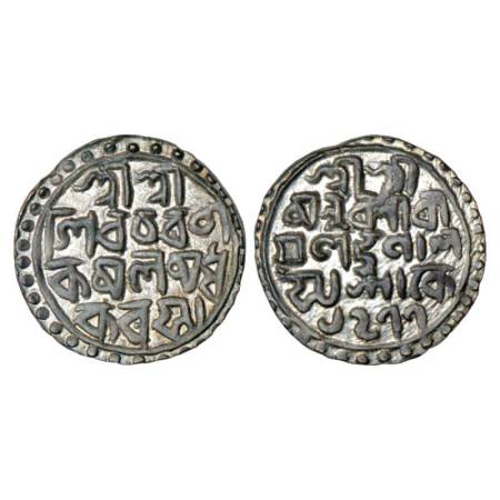 Cooch Behar, Nara Narayana (1555-1587 AD), silver tanka, Saka 1477, Bose KK A1.8. Almost u