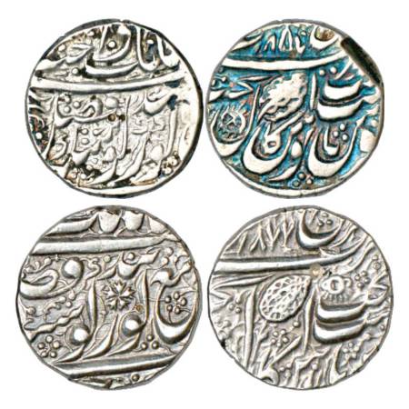 Sikh Empire, silver rupee (2), Amritsar mint, 'Nanak Shahi' couplet, VS 1857. Obv: Horizon