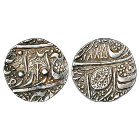 Sikh Empire, silver rupee, Amritsar mint, 'Nanak Shahi' couplet, Frozen year, VS 1885, Chh