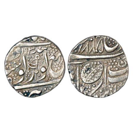 Sikh Empire, silver rupee, Amritsar mint, 'Nanak Shahi' couplet, Frozen year, VS 1885, 'Pa