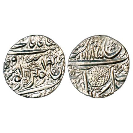 Sikh Empire, silver rupee, Amritsar mint, 'Nanak Shahi' couplet, Frozen year, VS 1885, 'Sa
