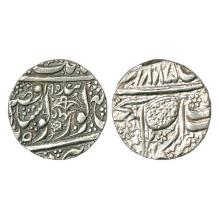 Sikh Empire, silver rupee, Amritsar mint, 'Nanak Shahi' couplet, Frozen year, VS 1885, 'Ra