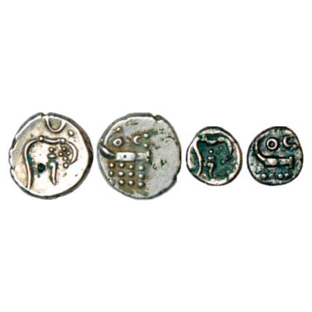 Cochin, silver 2 puttuns and 1 puttuns. Obv: Sun and moon above 'Lazy J' and dots. Rev: Co