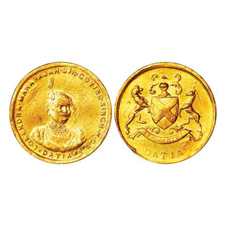 Datia, Govind Singh (1907-1948 AD), gold nazarana ½ mohur, 6.02g. Obv: Portrait bust of Go