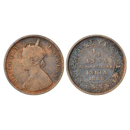 Dewas (Senior Branch), copper ¼ anna, AD 1888. Obv: Portrait bust of Victoria Empress. Rev