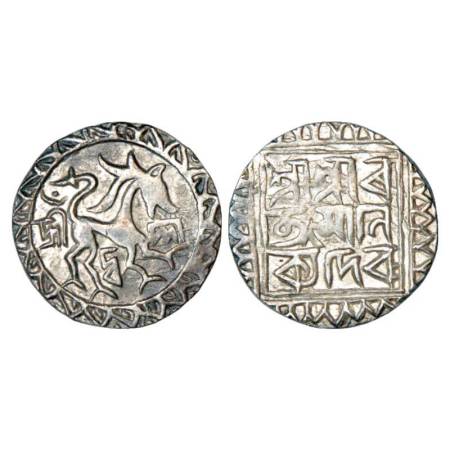 Tripura, Ratna Manikya (1464-1489 AD), silver tanka, undated, Obv: Solid lion facing right
