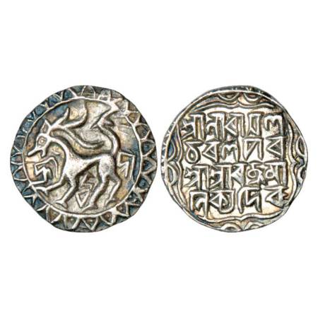 Tripura, Ratna Manikya (1464-1489 AD), silver tanka, undated, Obv: Solid lion facing left 