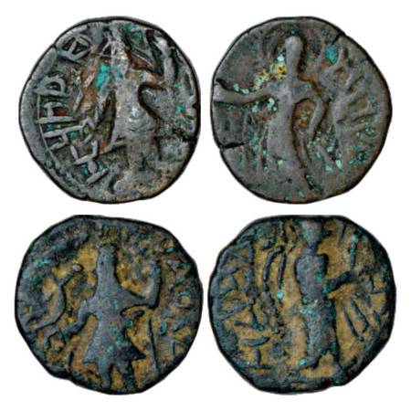 Kushans, two copper coins of Kanishka (127-150AD), quarter units of the Eastern or 'Jammu'