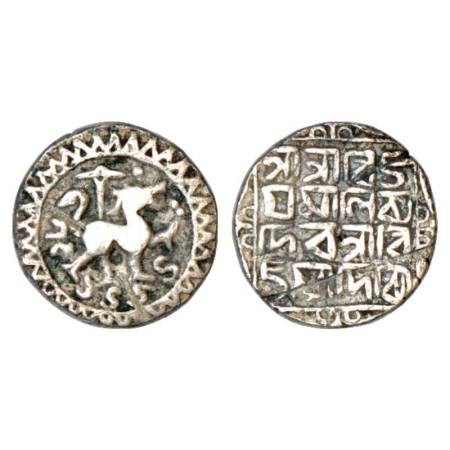 Tripura, Vijaya Manikya (1532-1564AD), silver tanka, SK 1454, Obv: Lion facing right, two 