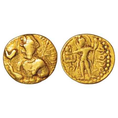 Kushans, gold Dinar of Huvishka (150-180AD), Goebl345/346, 7.51g. Obv: nimbate bust of kin