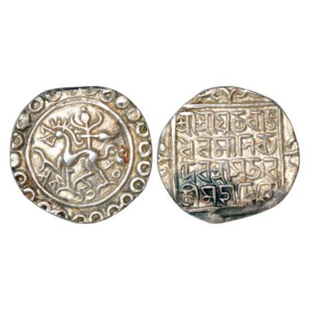 Tripura, Rajadhara Manikya (1586-1599 AD), silver tanka, SK 1508, Citing Queen Satyavati, 