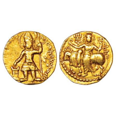 Kushans, gold Dinar of Vasudeva (180-220 AD), Goebl 512, 7.75g. Obv: nimbate, helmeted and