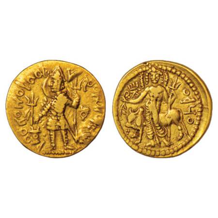 Kushans, gold Dinar, temp. Vasudeva II (250-300 AD), Goebl 663, 7.83g.Obv: nimbate king st