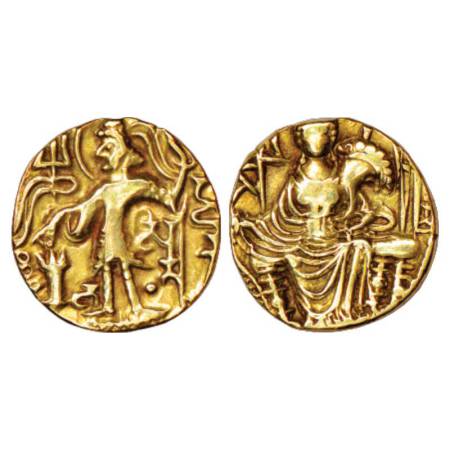 Kushans, gold Dinar of 'Shaka' (325-350AD), Goebl 593, 7.61g. Obv: diademed king standing 